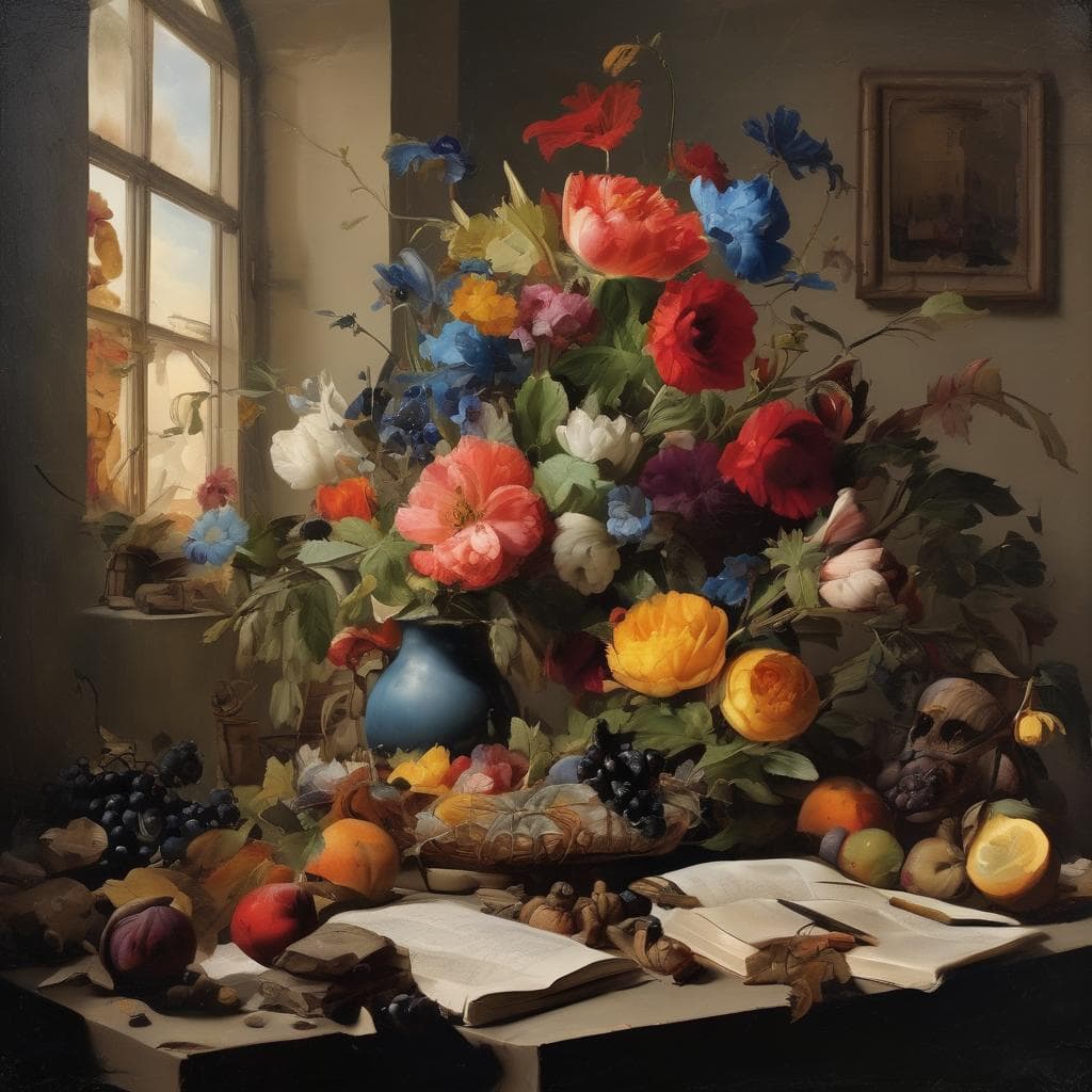 Λουλουδάτη σύνθεση με πίνακα και βιβλία σε ρετρό περιβάλλον, αναγέννηση καλλιτεχνικές στρατηγικές.