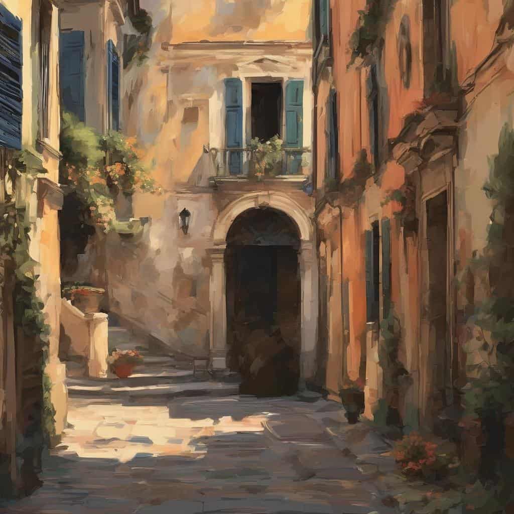 Παράθυρα με ξύλινες περσίδες σε παραδοσιακή ιταλική γειτονιά, αναγεννησιακές καλλιτεχνικές στρατηγικές, ζωγραφική τοπίων, ελκυστικός αρχιτεκτονικός χαρακτήρας.