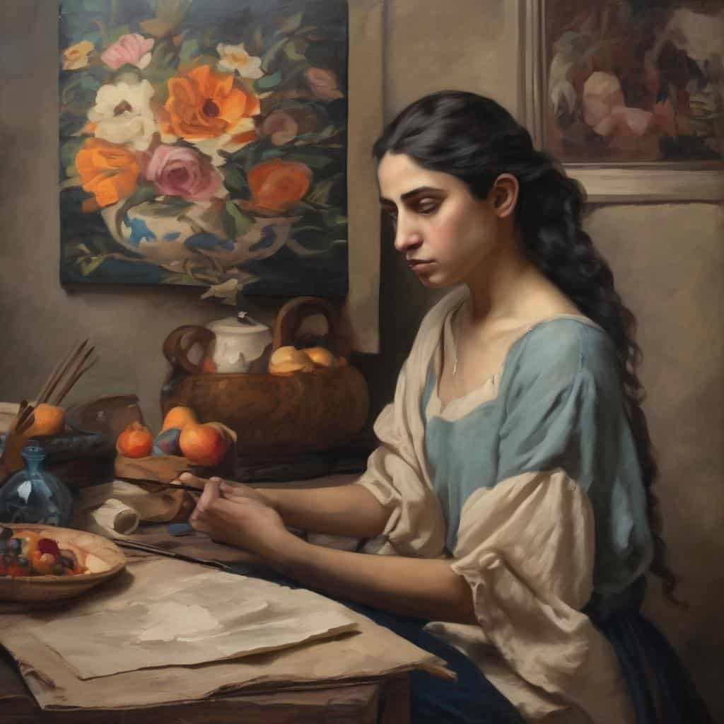 Ανθρώπινη γυναίκα ζωγραφισμένη σε καμβά, με παραδοσιακή ιταλική τέχνη της Αναγέννησης, σε εσωτερικό χώρο.